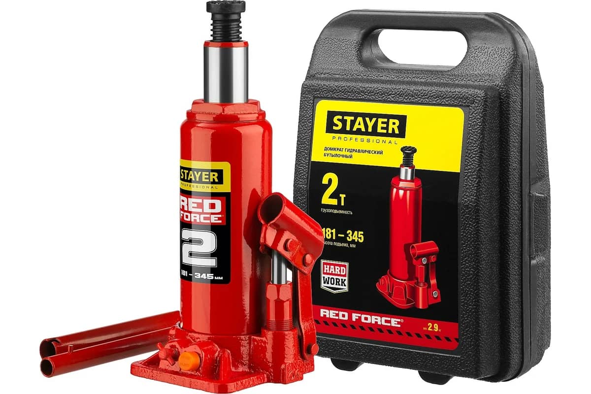 STAYER RED FORCE, в кейсе, 2 т, 181 - 345 мм, бутылочный гидравлический домкрат, Professional (43160-2-K)