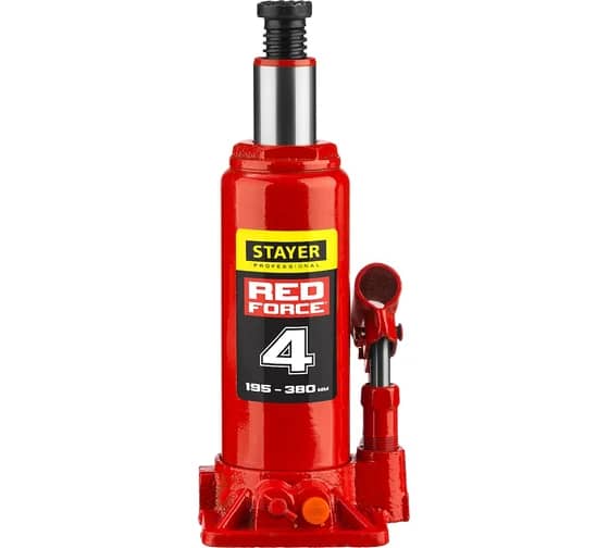 STAYER RED FORCE, 4 т, 195 - 380 мм, бутылочный гидравлический домкрат, Professional (43160-4)