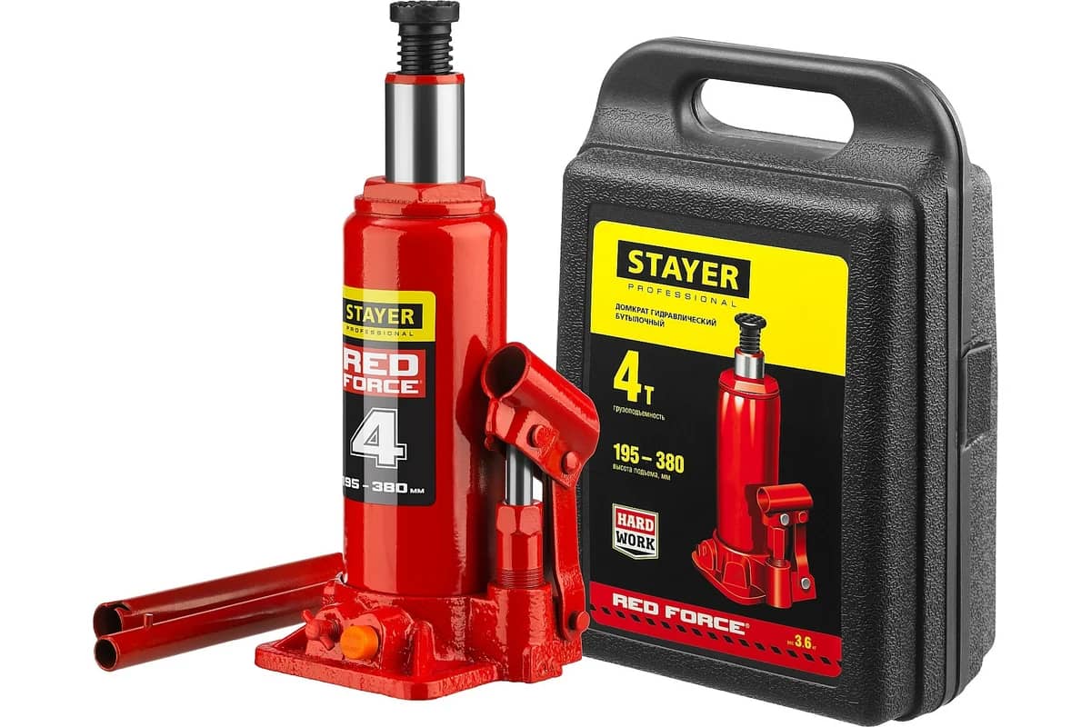 STAYER RED FORCE, в кейсе, 4 т, 195 - 380 мм, бутылочный гидравлический домкрат, Professional (43160-4-K)