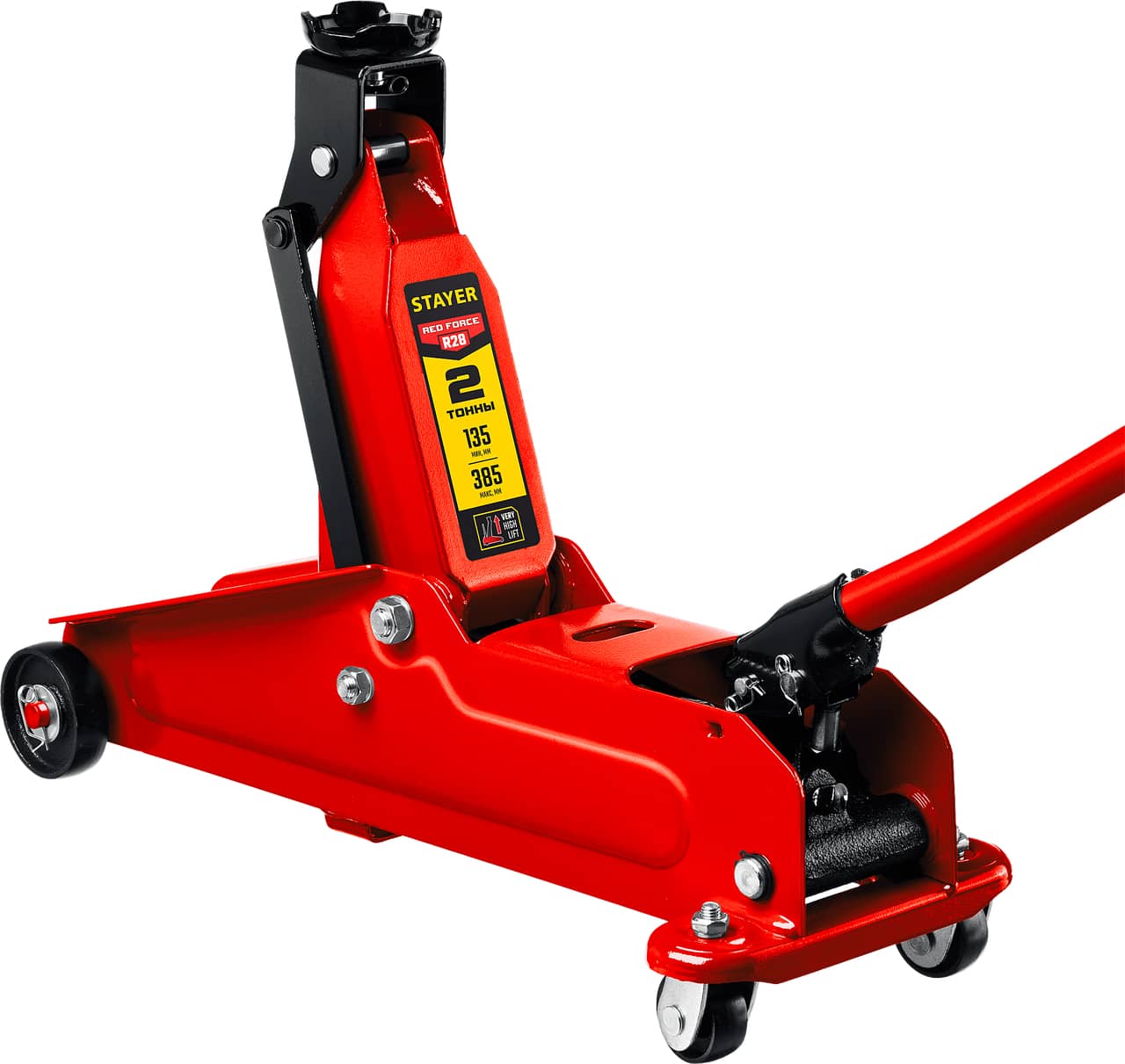 STAYER R-28 RED FORCE, 2 т, 135 - 385 мм, подкатной домкрат с увеличенным подъемом, Professional (43156-2)