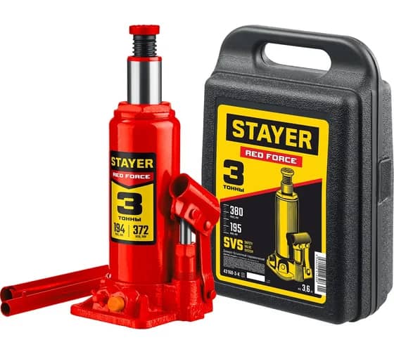 STAYER RED FORCE, в кейсе, 3 т, 194 - 375 мм, бутылочный гидравлический домкрат, Professional (43160-3-K)