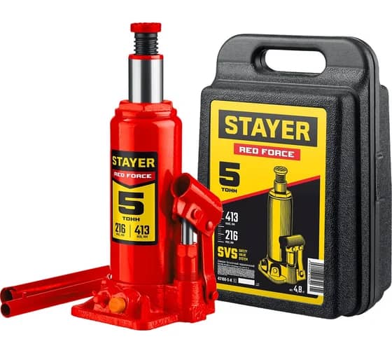 STAYER RED FORCE, в кейсе, 5 т, 216 - 413 мм, бутылочный гидравлический домкрат, Professional (43160-5-K)