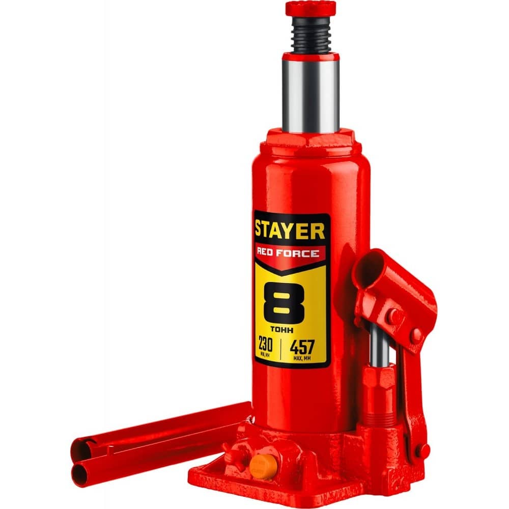STAYER RED FORCE, 8 т, 200 - 385 мм, бутылочный гидравлический домкрат, Professional (43160-8)