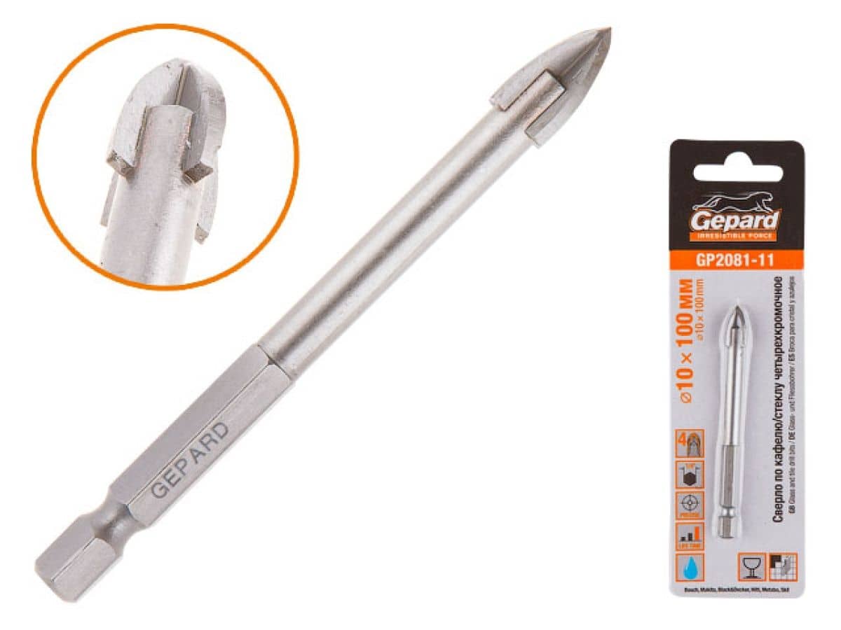 Сверло по плитке/керамограниту 10х100мм четырехкромочное шестигр. GEPARD (GP2081-11)